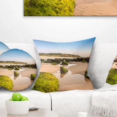 Design Art Green Rocky Seashore At Norah Head - Sea & Shore Printed Pillow In Blue
