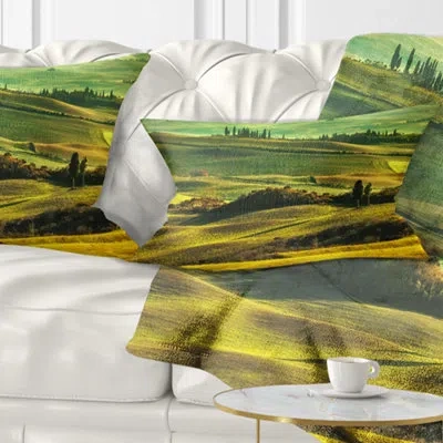 Design Art Green Rolling Hills On Misty Sunset - Landscape Printed Throw Pillow
