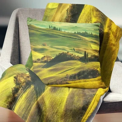Design Art Green Rolling Hills On Misty Sunset - Landscape Printed Throw Pillow In Green;yellow