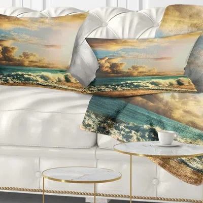 Design Art Green Sea Beach Under Cloudy Sky - Sea & Shore Printed Throw Pillow