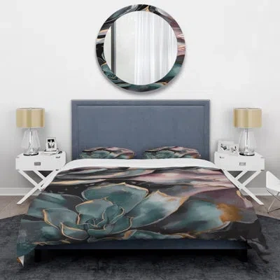 Design Art Green Serenade Of Succulents I - Succulent Duvet Cover Set - Microfiber Polyester In Green;pink