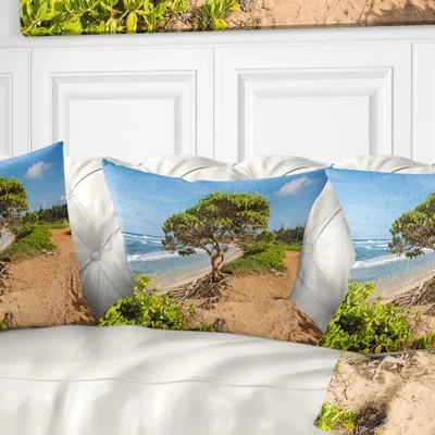 Design Art Green Tree On Beach In Kauai Hawaii - Sea & Shore Printed Throw Pillow In Blue