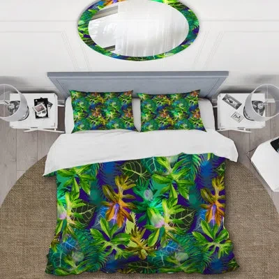 Design Art Green Tropical Leaves - Floral Duvet Cover Set - Microfiber Polyester In Blue;green