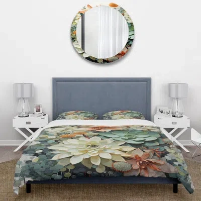 Design Art Green White Succulents Flowers Serene Succulents I Beddingmicrofiber / Polyester Duvet Cover Set In Multi-color