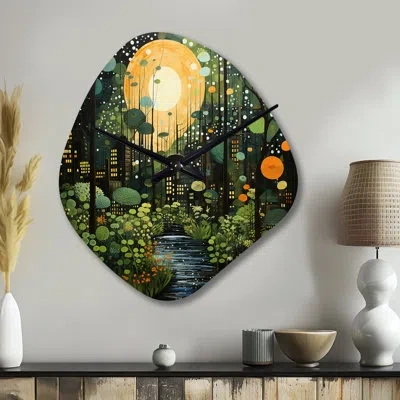 Design Art Green Yellow Urban Jungle I - Abstract Collages Asymmetrical Metal Clock, Green Unique Shape Wall Cl In Green;yellow