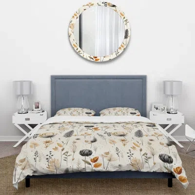 Design Art Grey And Beige Geometric Flowers Bedding In Gray;beige