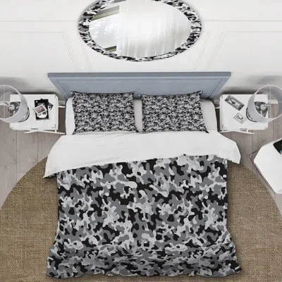 Design Art Grey And Black Camouflage - Abstract Duvet Cover Set - Microfiber Polyester In Gray,white