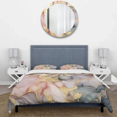 Design Art Grey And Pink Tender Liquid Ink Art I - Fractals Duvet Cover Set In Gray;pink