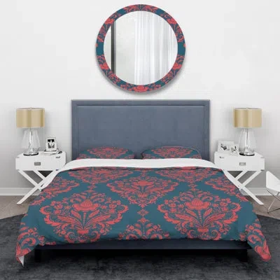 Design Art Grey And Red Damask - Abstract Duvet Cover Set - Microfiber Polyester