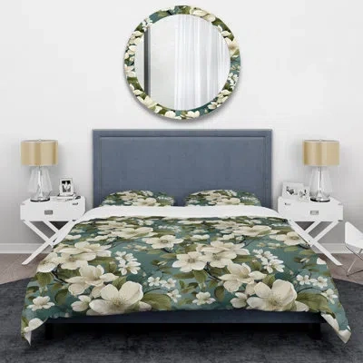 Design Art Grey And White Blossoms Orchid Lovely Iii - Floral Duvet Cover Set - Microfiber Polyester In Beige;greeb