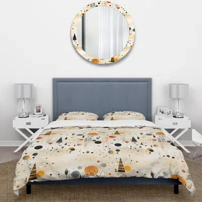 Design Art Grey And Yellow Poka Dot Retro Landscape Duvet Cover Set In Black;yellow