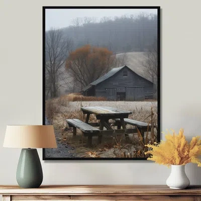 Design Art Grey Bench Winter Country Charm Barn - Barn Wall Art Print In Black Floater Framed Canvas