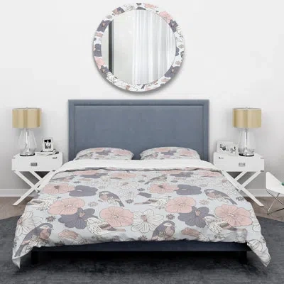 Design Art Grey Birds And Flowers - Floral Duvet Cover Set - Microfiber Polyester In Gray