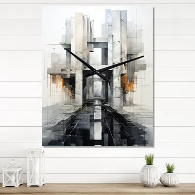 Design Art Grey Bridge Bold Symmetry - Cityscapes Wall Clocks In Gray;yellow