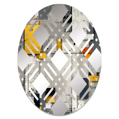 Design Art Grey Cubic Striped Wall Pattern I - Plaid Decorative Mirror Oval In Gray;yellow
