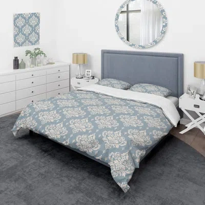 Design Art Grey Damask - Abstract Duvet Cover Set - Microfiber Polyester In Blue,white
