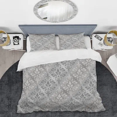 Design Art Grey Damask - Abstract Duvet Cover Set - Microfiber Polyester In Gray