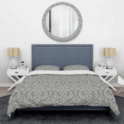Design Art Grey Damask - Abstract Duvet Cover Set - Microfiber Polyester In Gray,blue