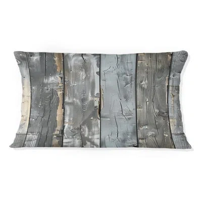 Design Art Grey Distressed Wood - Transitional Lumbar Pillow In Gray