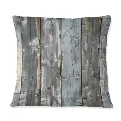 Design Art Grey Distressed Wood - Transitional Throw Pillow In Gray
