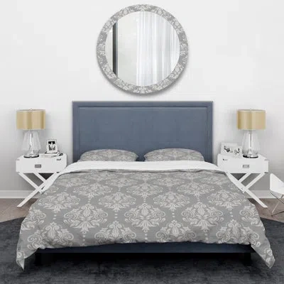 Design Art Grey Floral Damask - Abstract Duvet Cover Set - Microfiber Polyester In Gray,white
