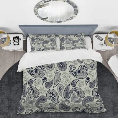 Design Art Grey Floral Paisley - Abstract Duvet Cover Set - Microfiber Polyester In Gray