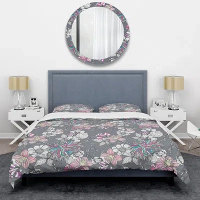 Design Art Grey Flowers - Floral Duvet Cover Set - Microfiber Polyester In White