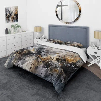 Design Art Grey Gold Delicate Abstract Brushstrokes Iii - Abstract Marble Comforter Set 4 Pcs In Gold;grey
