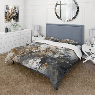 Design Art Grey Gold Delicate Abstract Brushstrokes V - Abstract Marble Duvet Cover Set In Gray;gold