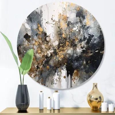 Design Art Grey Gold Delicate Abstract Brushstrokes V - Abstract Marble Round Wall Art On Metal In Gray;gold