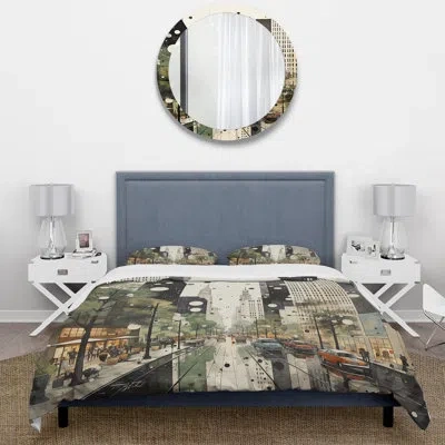 Design Art Grey Green Mid Century Architectural Elegance - Abstract Duvet Cover Set - Microfiber Polyester In Green;gray