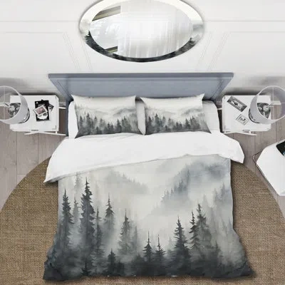 Design Art Grey Misty Morning Forest Horizon - Forest Duvet Cover Set In Gray