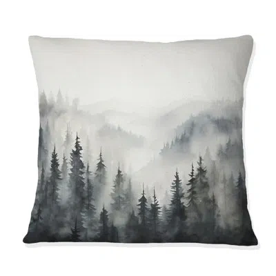 Design Art Grey Misty Morning Forest Horizon - Forest Printed Throw Pillow In Gray