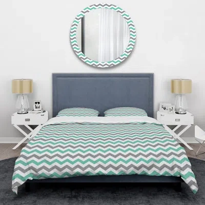 Design Art Grey Wave Chevron - Abstract Duvet Cover Set - Microfiber Polyester In Green