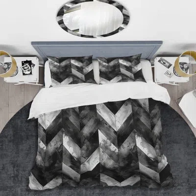 Design Art Grey White Charcoal Herringbone I - Transitional Duvet Cover Set In White;gray