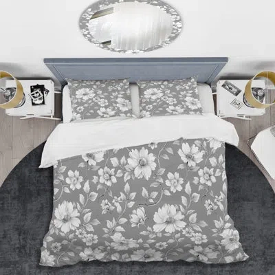Design Art Grey White Floral Blooms Ii - Transitional Duvet Cover Set In White;gray