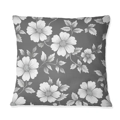 Design Art Grey White Floral Blooms Iii - Transitional Throw Pillow In White;gray