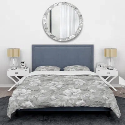Design Art Grey White Floral Dream I - Glam Duvet Cover Set In White;gray