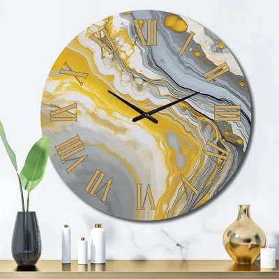 Design Art Grey Yellow Marble Symphony Metal Wall Clock In Gray;yellow