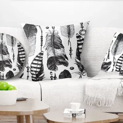 Design Art Hand Drawn Feathers - Animal Printed Pillow In Black;white