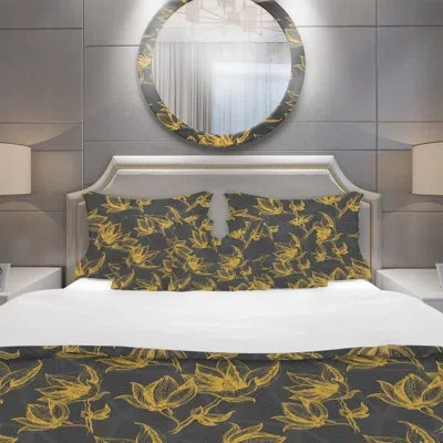 Design Art Hand Drawn Floral Pattern - Contemporary Floral Flower Duvet Cover Set - Microfiber Polyester In Black