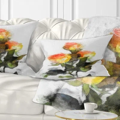 Design Art Hand Drawn Yellow And Red Roses - Floral Printed Throw Pillow