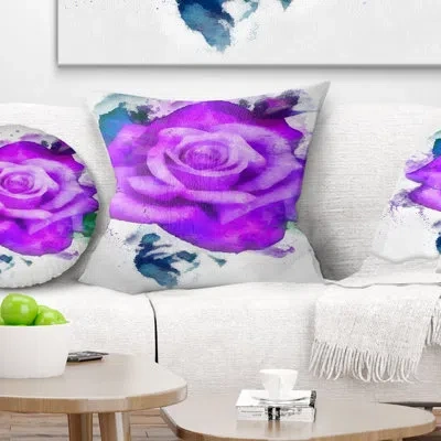 Design Art Hand Made Purple Rose Watercolor - Floral Printed Throw Pillow