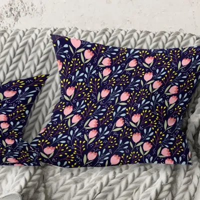 Design Art Handdrawn Pink Flowers - Mid-century Modernprinted Throw Pillow In Purple
