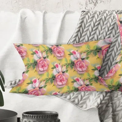 Design Art Hand-drawn Pink Watercolor Roses. - Mid-century Modern Printed Throw Pillow