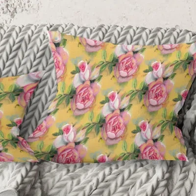 Design Art Hand-drawn Pink Watercolor Roses. - Mid-century Modern Printed Throw Pillow