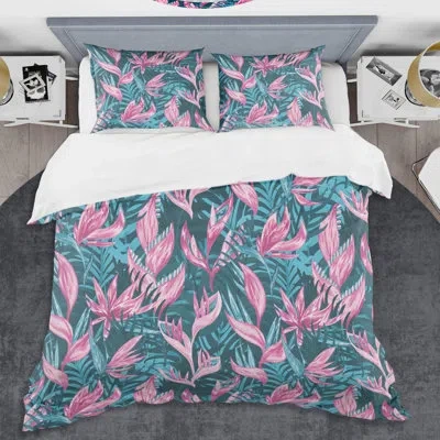 Design Art Handdrawn Tropical Flowers Mid-century Duvet Cover Set In Blue,pink,teal