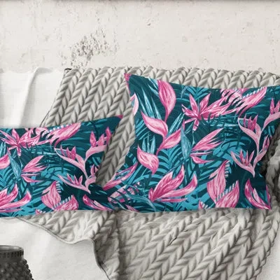 Design Art Handdrawn Tropical Flowers - Mid-century Modernprinted Throw Pillow In Blue