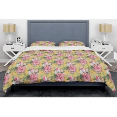 Design Art Hand-drawn Watercolor Roses Mid-century Duvet Cover Set In Pink