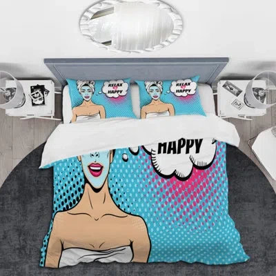 Design Art Happy And Relax Pop Art - Traditional Duvet Cover Set - Microfiber Polyester In Blue,pink